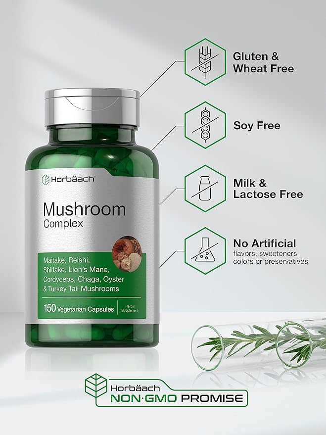 Horbäach Mushroom Complex – 8 Mushroom Immune & Brain Support – 150 Capsules – Non-GMO, Gluten Free