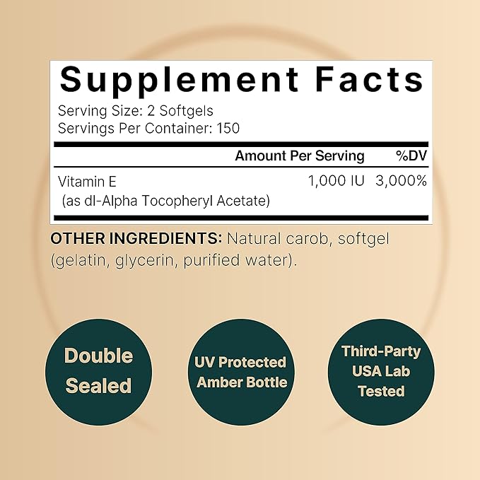 NatureBell Vitamin E Oil 1,000 IU – Antioxidant, Skin, Heart & Immune Support – 300 Softgels – Non-GMO