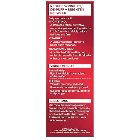 L'Oreal Paris Revitalift Triple Power Eye Cream – Retinol, Hyaluronic Acid, Vitamin C, Wrinkles, Puffiness, Anti-Aging, 0.5 oz