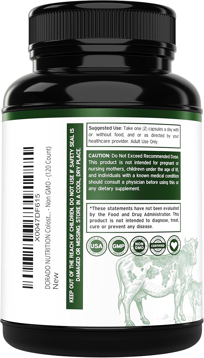Dorado Nutrition Bovine Colostrum 1000mg – 20% IgG Grass-Fed Immune & Gut Support – No Fillers, Non-GMO, Gluten-Free – 120 Capsules – Made in USA
