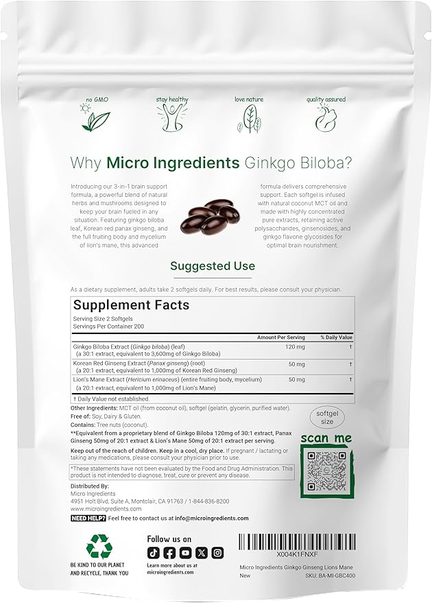 Micro Ingredients Ginkgo Biloba, Ginseng & Lion’s Mane – Brain Supplement, 5,600mg Herbal Equivalent, 400 Softgels (6-Month Supply)