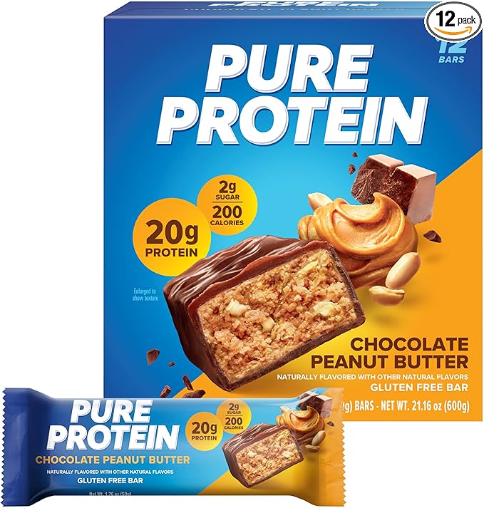 Pure Protein Bars, High Protein, Low Sugar, Gluten Free, Chocolate Peanut Butter, Nutritious Snack, 12 Count