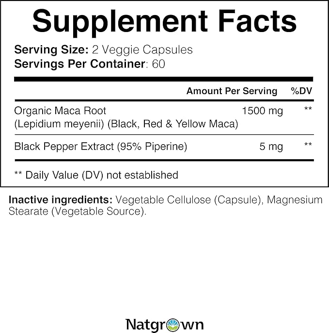 Natgrown Organic Maca Root Powder Capsules 1500mg – Red, Black & Yellow Peruvian Maca – Energy, Mood & Hormonal Support – Vegan, Non-GMO, Gluten-Free – 90 Capsules