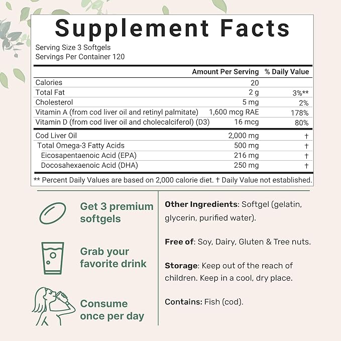 Cod Liver Oil 2000mg with Omega-3 EPA DHA, Vitamins A & D3 – Lemon Flavored Burpless Softgels – Wild Arctic Fish Oil for Heart, Brain, Immune & Joint Support – Non-GMO, Gluten-Free – 360 Capsules