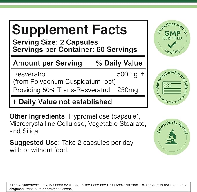 Resveratrol Supplement 500mg – 50% Trans-Resveratrol from Polygonum Root Extract – Antioxidant for Healthy Aging, Heart & Brain Support – Vegan, Non-GMO, Gluten-Free – 120 Capsules by Double Wood
