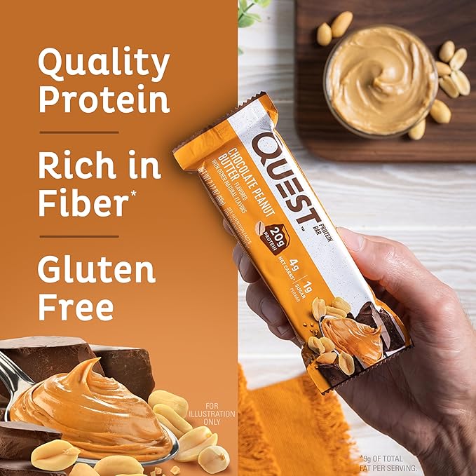 Quest Chocolate Peanut Butter Protein Bars – 20g Protein, 1g Sugar, Keto, Gluten Free, Low Carb, 12 Count