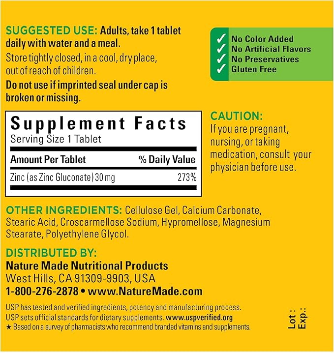 Nature Made Zinc 30mg – Immune & Antioxidant Support – 100 Tablets – USP Verified