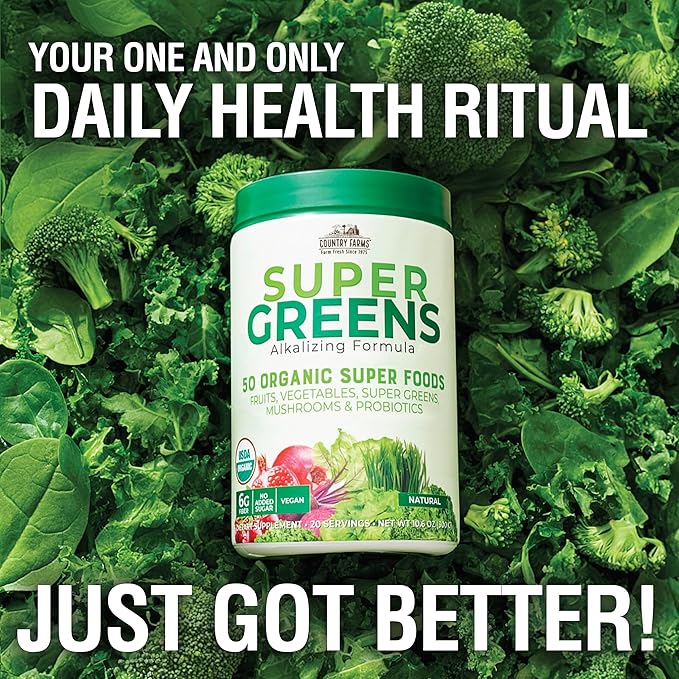 Country Farms Organic Super Greens – 50 Superfoods with Fiber, Mushrooms, Probiotics & Antioxidants – USDA Organic Greens Powder – Natural Flavor Drink Mix