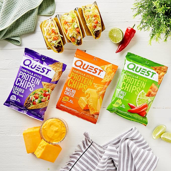 Quest Nutrition Tortilla Style Protein Chips Variety Pack – Chili Lime, Nacho Cheese & Loaded Taco, 12 Pack, Low Carb & Gluten-Free