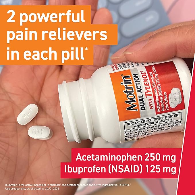 Motrin Dual Action with Tylenol – Pain Reliever for Minor Aches and Pains – 120 Count Combines Ibuprofen (125 mg) and Acetaminophen (250 mg) for Fast, Powerful Relief