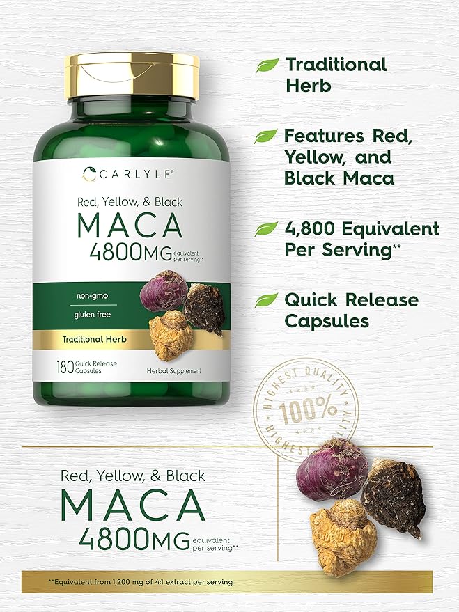 Carlyle Maca Root 4800mg – High Potency Red, Yellow & Black Maca for Women & Men – Energy, Mood & Hormonal Support – Non-GMO, Gluten-Free – 180 Capsules