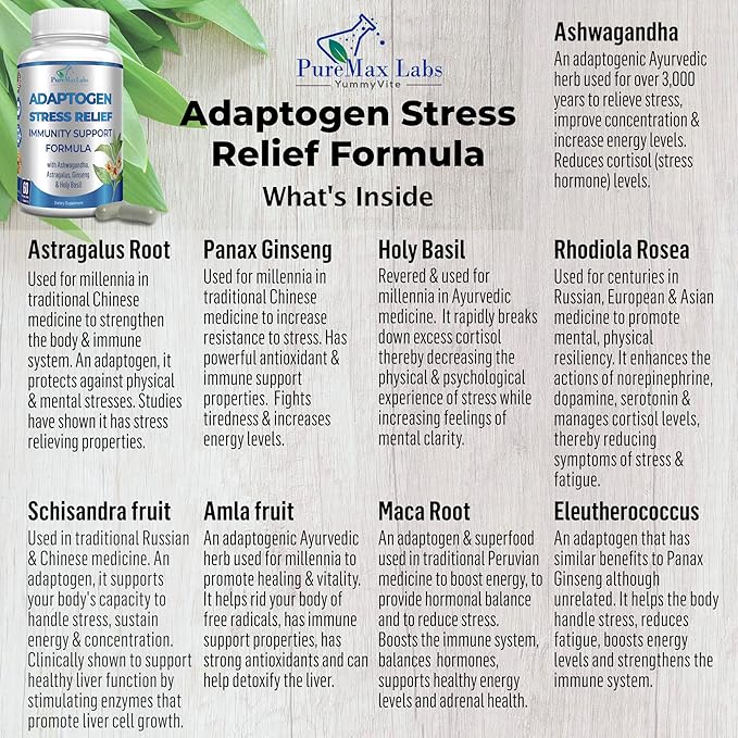 Adaptogen Stress Relief & Immune Support – 9-Herb Adrenal Formula with Ashwagandha, Astragalus, Rhodiola & Maca – Non-GMO – 60 Capsules