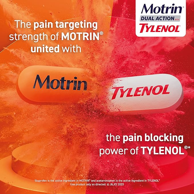 Motrin Dual Action with Tylenol – Pain Reliever for Minor Aches and Pains – 120 Count Combines Ibuprofen (125 mg) and Acetaminophen (250 mg) for Fast, Powerful Relief