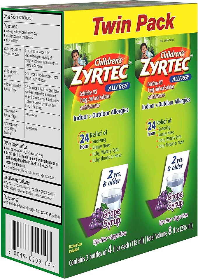 Zyrtec Children’s Allergy Syrup 24 Hour Relief – Sugar-Free Grape Flavor, Cetirizine HCl 5mg per 5mL, Dye-Free, Twin Pack (2 x 4 fl oz)