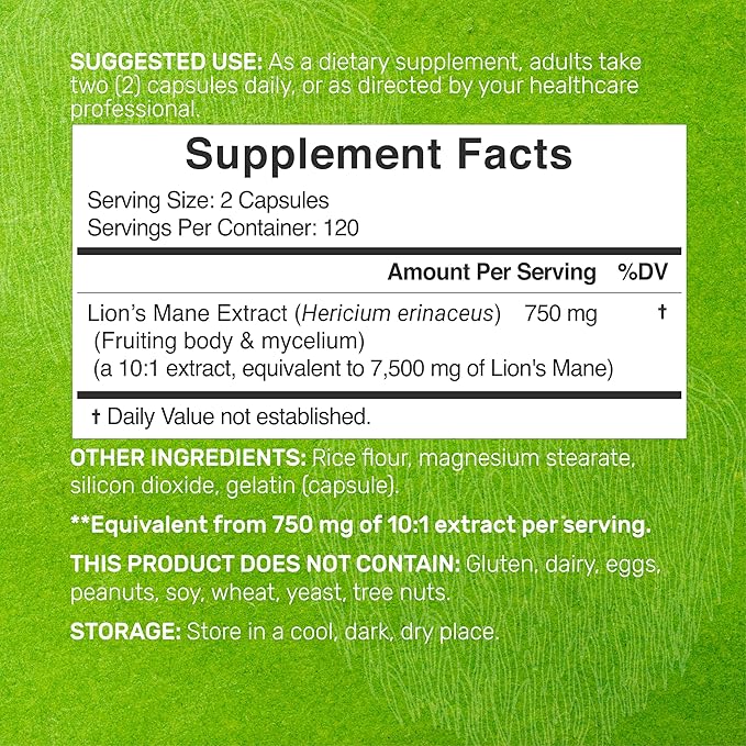 Lion’s Mane Mushroom 7,500mg – 10:1 Fruiting Body & Mycelium Brain & Immune Support – 240 Capsules – Non-GMO