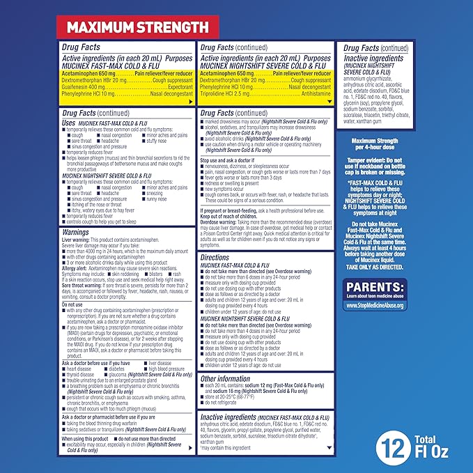 Mucinex Maximum Strength Fast-Max Cold & Flu + Nightshift – 2 Pack (6 fl oz Bottles)