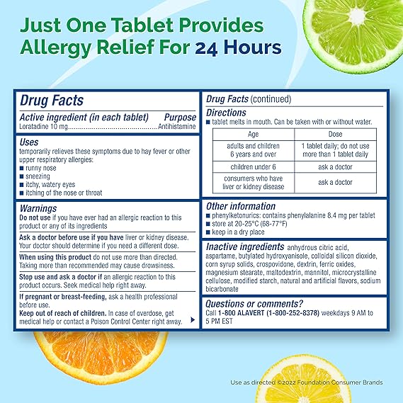 Alavert Allergy 24-Hour Relief – Citrus Flavor Orally Disintegrating Tablets – Loratadine 10mg – 60 Count