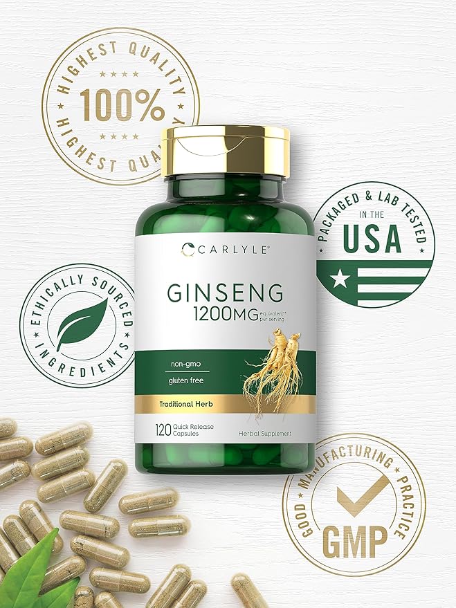 Carlyle Ginseng Extract Supplement 1200mg – Energy, Focus & Immune Support – Non-GMO, Gluten-Free – 120 Capsules