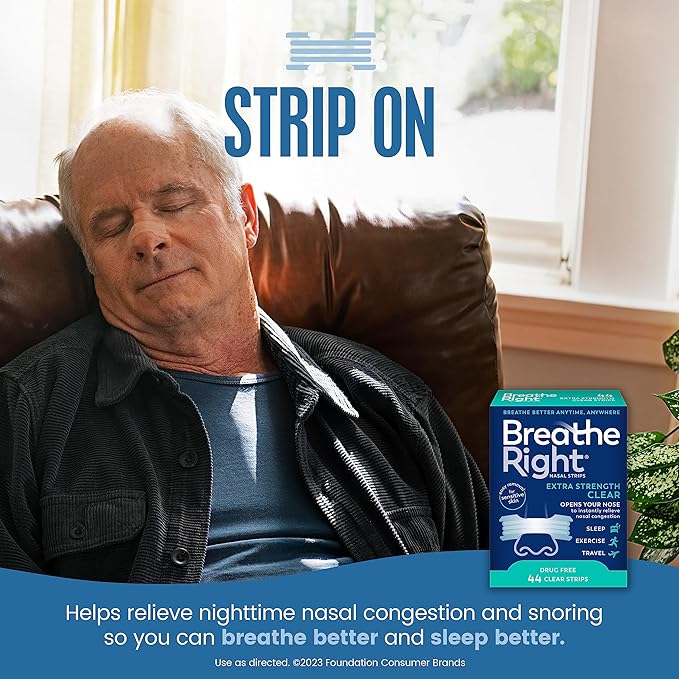 Breathe Right Extra Strength Clear Nasal Strips for Nasal Congestion and Snoring Relief for Sensitive Skin 44 Count