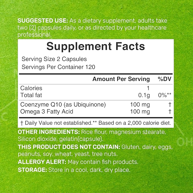 CoQ10 100mg with Omega 3 Fatty Acids 100mg – High Absorption Ubiquinone for Heart, Energy, Brain & Antioxidant Support – Non-GMO – 240 Capsules