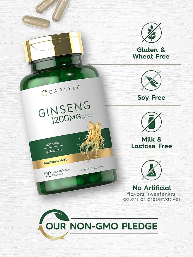 Carlyle Ginseng Extract Supplement 1200mg – Energy, Focus & Immune Support – Non-GMO, Gluten-Free – 120 Capsules
