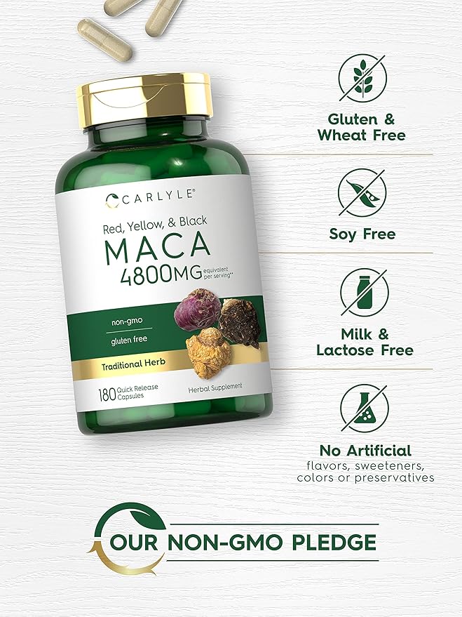 Carlyle Maca Root 4800mg – High Potency Red, Yellow & Black Maca for Women & Men – Energy, Mood & Hormonal Support – Non-GMO, Gluten-Free – 180 Capsules