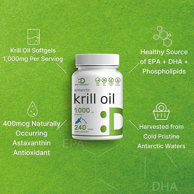 DEAL SUPPLEMENT Antarctic Krill Oil 1000mg – Extra Strength Omega-3 EPA, DHA & Astaxanthin – Heart & Joint Support – Non-GMO, Gluten-Free, Mercury Free – 240 Softgels