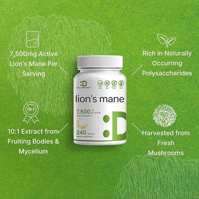 Lion’s Mane Mushroom 7,500mg – 10:1 Fruiting Body & Mycelium Brain & Immune Support – 240 Capsules – Non-GMO