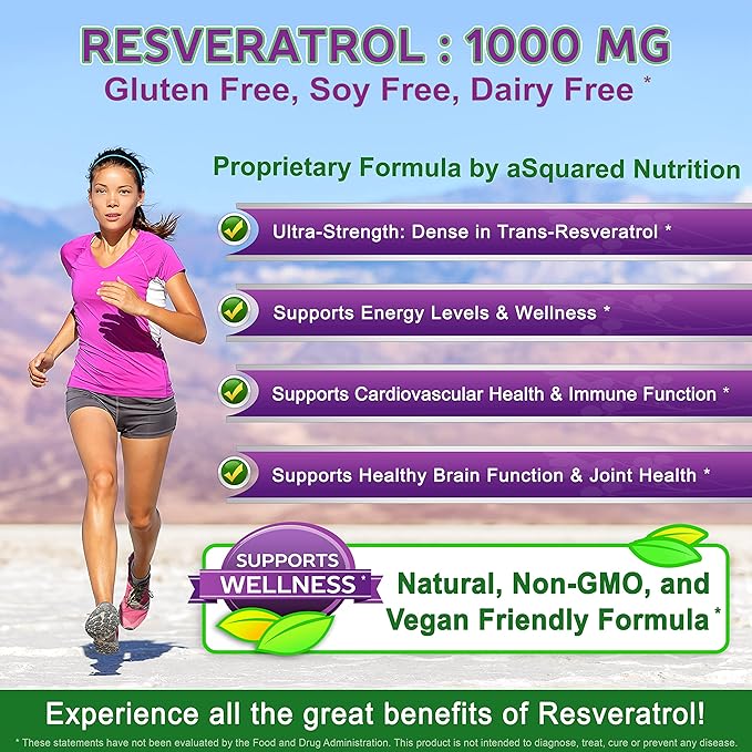 100% Natural Resveratrol 1000mg – Max Strength Antioxidant for Heart & Anti-Aging Support – Vegan, Non-GMO, Gluten-Free – 180 Capsules (90-Day Supply)