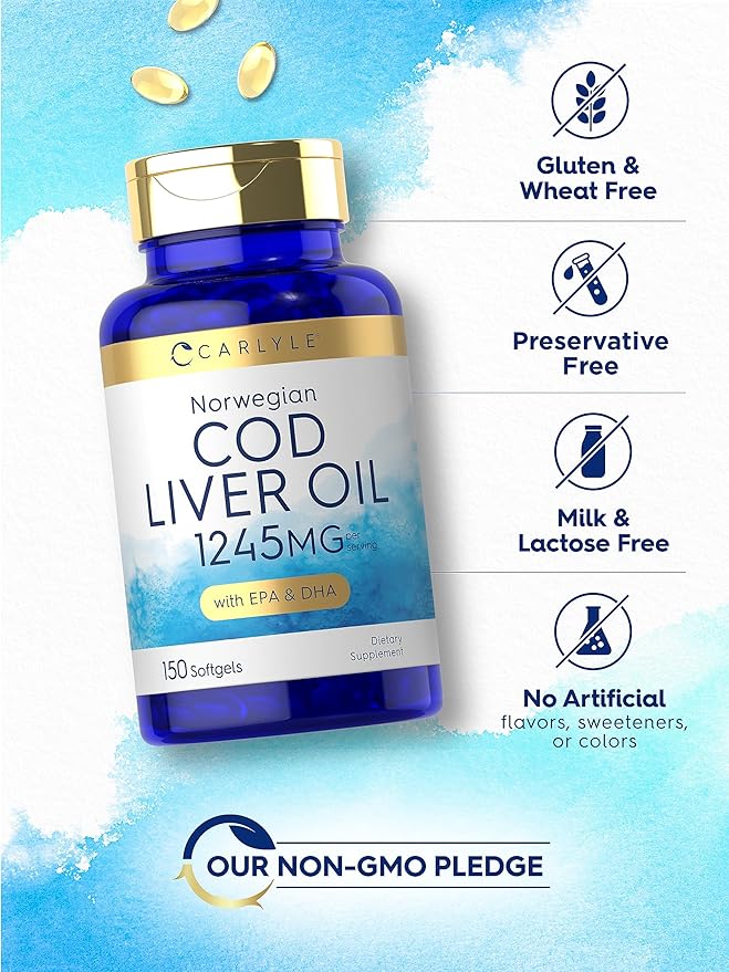 Carlyle Norwegian Cod Liver Oil 1245mg with EPA & DHA – Omega-3 Supplement – Heart, Brain, Joint & Immune Support – Non-GMO, Gluten-Free – 150 Liquid Softgels