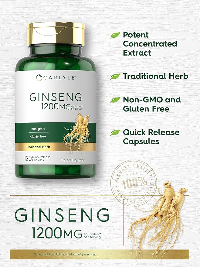 Carlyle Ginseng Extract Supplement 1200mg – Energy, Focus & Immune Support – Non-GMO, Gluten-Free – 120 Capsules