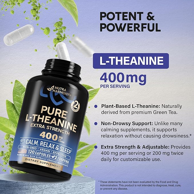 L-Theanine 400mg – Extra Strength Stress Relief & Sleep Support – Plant-Based, Vegan, Non-GMO, Gluten-Free – 120 Capsules – Made in USA