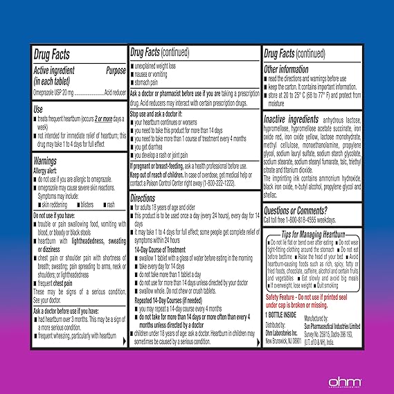 Ohm Omeprazole 20mg Tablets (42 Count | 3 x 14-Day Courses) – Delayed-Release Acid Reducer for Frequent Heartburn & Acid Reflux – 24-Hour Relief Antacid Capsules for Adults