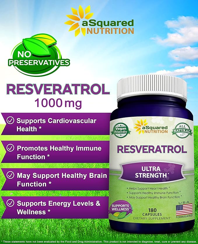 100% Natural Resveratrol 1000mg – Max Strength Antioxidant for Heart & Anti-Aging Support – Vegan, Non-GMO, Gluten-Free – 180 Capsules (90-Day Supply)