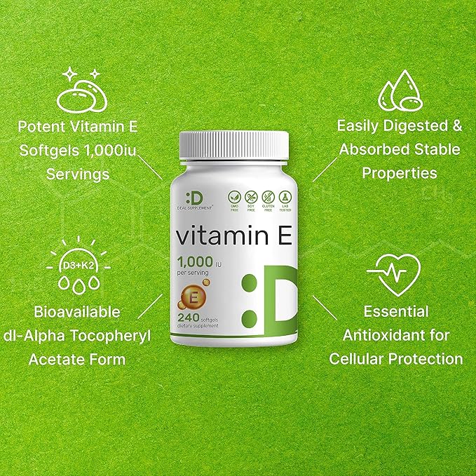 DEAL SUPPLEMENT Vitamin E 1,000 IU – Extra Strength Antioxidant, Skin, Heart, Brain & Immune Support – 240 Softgels – Non-GMO