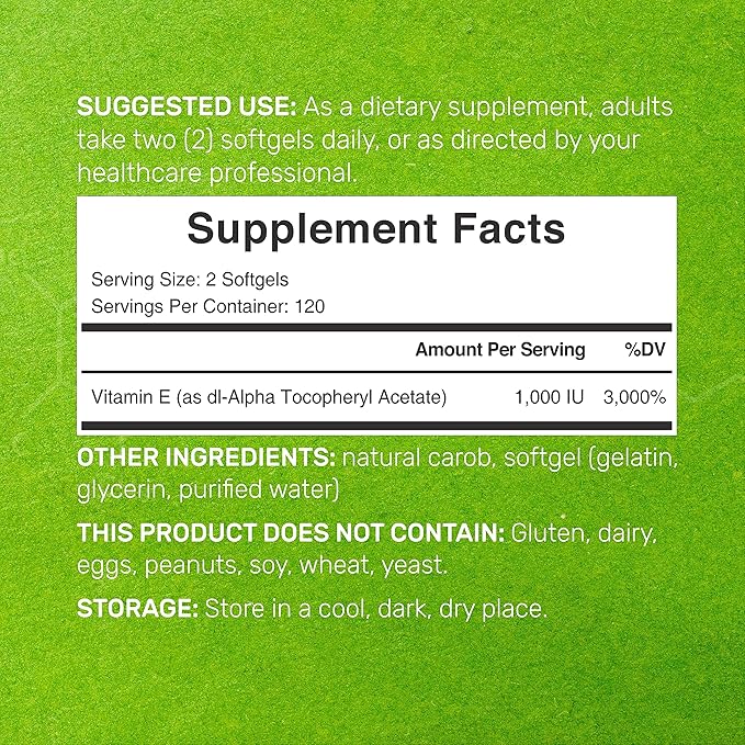 DEAL SUPPLEMENT Vitamin E 1,000 IU – Extra Strength Antioxidant, Skin, Heart, Brain & Immune Support – 240 Softgels – Non-GMO