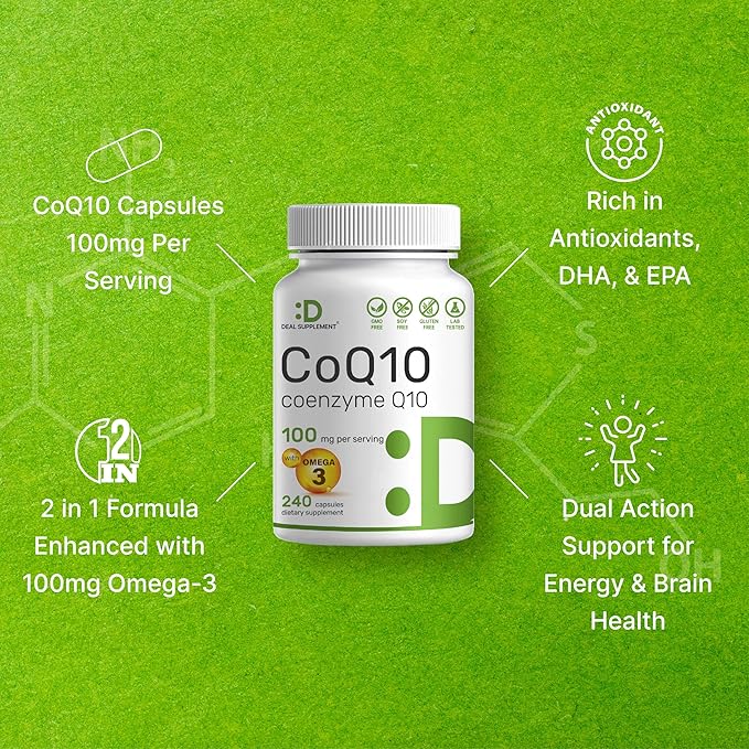 CoQ10 100mg with Omega 3 Fatty Acids 100mg – High Absorption Ubiquinone for Heart, Energy, Brain & Antioxidant Support – Non-GMO – 240 Capsules