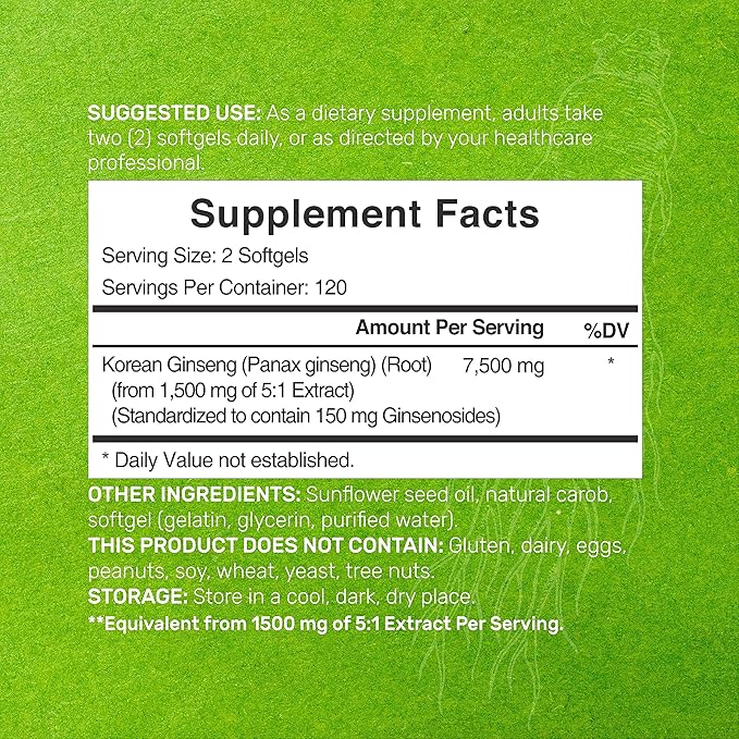 Korean Red Panax Ginseng Root Extract 7500mg – High Strength with 150mg Active Ginsenosides – Energy & Immune Support – Non-GMO, Gluten-Free – 240 Softgels