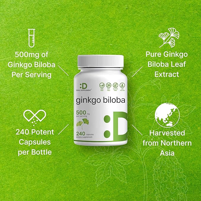 Deal Supplement Ginkgo Biloba 500mg – Extra Strength Brain Function Support – Non-GMO, Gluten-Free – 240 Capsules