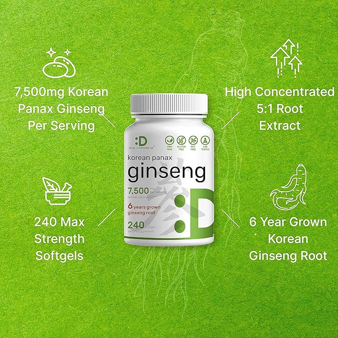 Korean Red Panax Ginseng Root Extract 7500mg – High Strength with 150mg Active Ginsenosides – Energy & Immune Support – Non-GMO, Gluten-Free – 240 Softgels