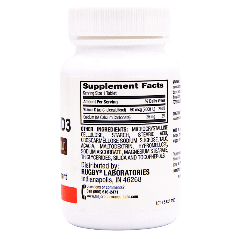 Rugby Vitamin D3 2000 IU Tablets for Immune Bone and Muscle Health Support Daily Supplement 50 mcg 100 Count