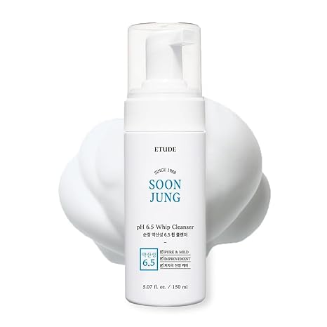 ETUDE Soonjung pH 6.5 Whip Cleanser – Gentle, Hypoallergenic, Fragrance-Free Foaming Face Wash for Sensitive Skin, Panthenol & Madecassoside, 5.07 fl oz