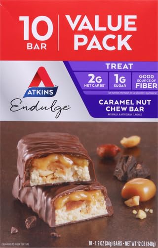 Atkins Endulge Caramel Nut Chew Bar – Low Sugar, High Fiber, Keto Snack Bar, Gluten Free, 10 Count