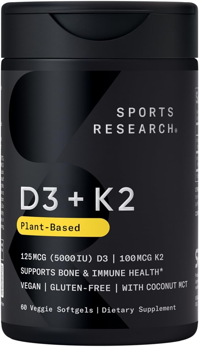 Sports Research Vitamin D3 + K2 (MK-7) – Vegan, Bone & Immune Support – Coconut Oil – 60 Softgels