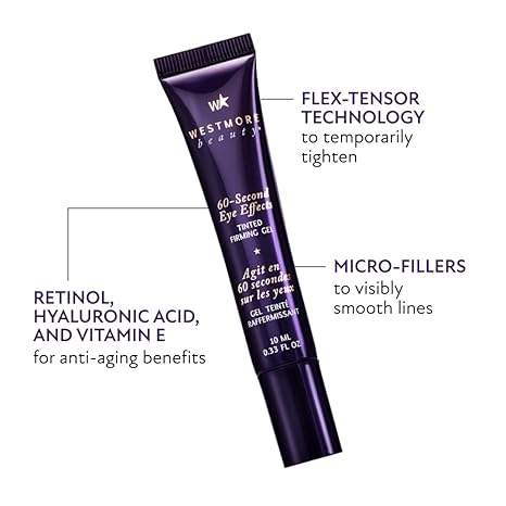 Westmore Beauty 60 Second Effects Tinted Firming Gel – Under Eye Cream for Puffiness & Bags, Instant Tightening, Light to Medium Tint, 0.33 oz