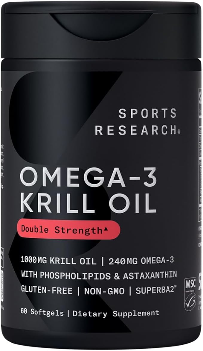 Sports Research Antarctic Krill Oil 1000mg – Omega-3, Phospholipids, Astaxanthin & Choline – Double Strength EPA/DHA – No Fishy Aftertaste – Non-GMO, Gluten-Free – 60 Softgels