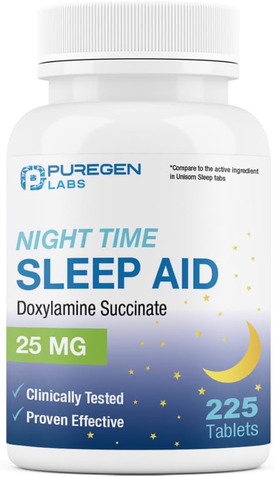Puregen Labs Sleep Aid – Doxylamine 25mg – 225 Tablets – Non-Habit Forming, Nighttime Support, Made in USA