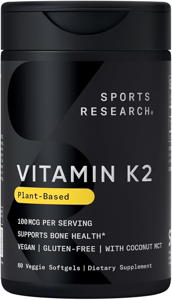 Sports Research Vitamin K2 MK7 100mcg – Bone, Heart & Calcium Support – Coconut MCT Oil – Vegan, Non-GMO – 60 Softgels