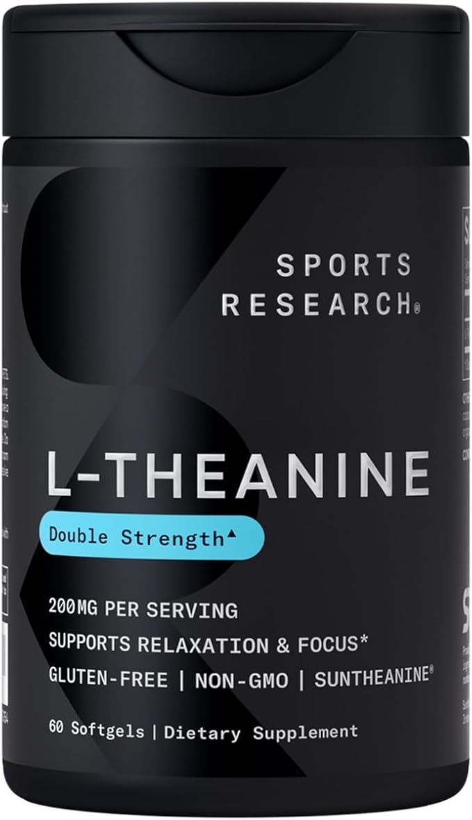Sports Research L-Theanine 200mg – Double Strength Suntheanine® Softgels for Focus, Calm & Alertness – Non-GMO, Gluten-Free, with Organic Coconut Oil – 60 Count