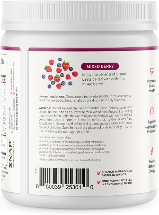 Snap Supplements Organic Beet Root Powder – Nitric Oxide Support with Pomegranate, B Vitamins & Red Spinach, Mixed Berry, 30 Servings